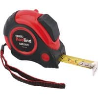 Red and black Draper Redline measuring tape, 5m/16ft, with retractable yellow tape and wrist strap.