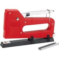 Red Draper Redline staple gun with a chrome handle, black base, and included strip of staples.