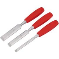 Redline wood chisel set with three steel blades and red ergonomic handles.