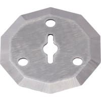 Octagonal silver cutting blade attachment with three holes and a central keyhole slot.