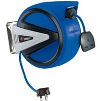 Blue Draper retractable electric cable reel, 10M length, with black and silver accents, wall mount, UK plug.