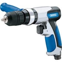 Draper reversible keyless air drill, 10mm, silver and blue with ergonomic handle and black chuck.