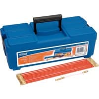 Blue Draper tool box with black handle, containing red cable rods with brass connectors, 330mm length.