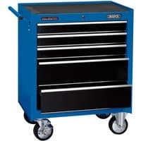Blue Draper roller tool cabinet with five black drawers, handle, and four caster wheels.