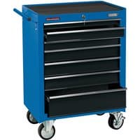 Blue Draper roller tool cabinet with 7 black drawers, 26-inch width, and swivel casters for mobility.