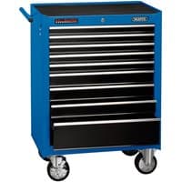 Blue Draper roller tool cabinet with 9 black drawers, 26 inches wide, featuring sturdy wheels and side handle.