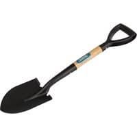 Black Draper round point mini shovel with wood shaft and D-grip handle.