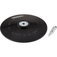 Black Draper rubber backing disc, 125mm, with central metal attachment and embossed text.