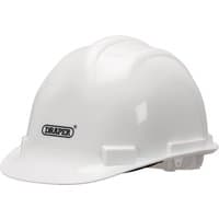 White Draper safety helmet with a smooth dome, front brim, and adjustable strap.