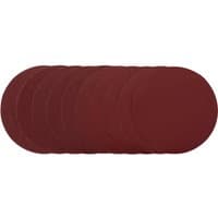 Draper sanding discs, 200mm, assorted grit, pack of 10, dark red color, circular shape, stacked slightly offset.