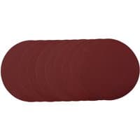 Pack of 10 round red Draper sanding discs, 230mm, 120 grit, stacked slightly overlapping.