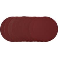 Draper 230mm sanding discs, pack of 10, assorted grit, round shape, dark red color.