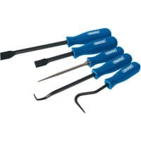 Draper scraper and remover set with blue handles, includes flat, pointed, and hooked tools.