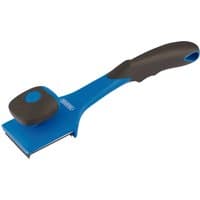 Blue Draper scraper with soft black grip handle and knob, featuring a wide metal blade.