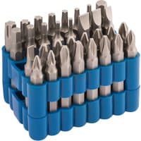 Draper Screwdriver Bit Set, 32 pieces in a blue plastic holder, featuring various silver bit types and sizes.