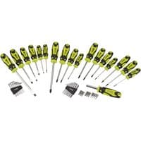 Draper tool set with green and black screwdrivers, hex keys, and bits, 44 pieces arranged in a row.
