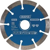 Blue Draper segmented diamond blade, 115mm, with silver cutting edges and central mounting hole.