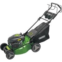 Green Draper self-propelled petrol lawn mower, 510mm, 173cc, black handle, large rear wheels, grass collection bag.