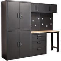 Black Draper Single Garage Workstation with cabinets, pegboard, drawers, and wooden work surface.