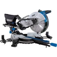 Draper sliding compound mitre saw, 255mm blade, 1800W, silver and blue design with dust bag and adjustable base.