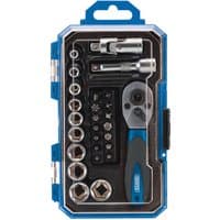 Draper 27-piece socket set with blue case, includes ratchet, various sockets, and screwdriver bits.