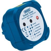 Blue Draper socket tester with white face, labeled indicators, and test buttons for 13A sockets.