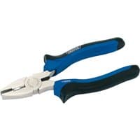 Blue and black Draper soft grip combination pliers, 160mm, with silver metal jaws and ergonomic handles.