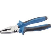 Blue and black Draper Soft Grip Combination Pliers, 200mm, with silver metal jaws and ergonomic handles.
