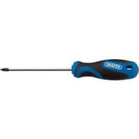 Draper No.1 x 75mm cross slot screwdriver with blue and black soft grip handle and silver shaft.