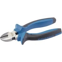 Blue and black Draper diagonal side cutter with soft grip handles and sharp silver cutting edges, 160mm length.