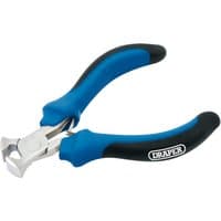 Draper 100mm mini pliers with blue and black soft grip handles and silver end cutting blades.