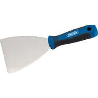 Blue and black Draper soft grip filler spreader with a 100mm stainless steel blade and ergonomic handle.