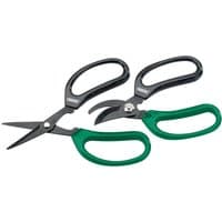 Draper garden scissor set with black and green soft grip handles, includes straight and curved blade scissors.