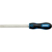 Draper Soft Grip Half Round Tiling File, 140mm, with black and blue ergonomic handle and textured metal file.