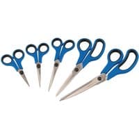 Draper 5-piece scissor set with blue soft grip handles and stainless steel blades in varying sizes.