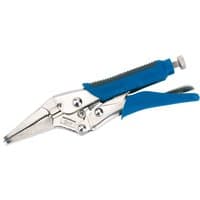 Draper 165mm long nose self grip pliers with silver metal jaws and blue soft grip handles.