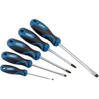 Draper screwdriver set with blue and black soft grip handles, includes 3 plain slot, 1 cross slot, 1 PZ type.