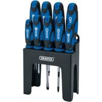 Blue Draper soft grip screwdriver set with nine pieces in a black stand, featuring ergonomic handles and various tip sizes.