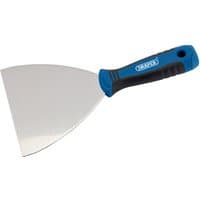 Draper Soft Grip Stripping Tool, 125mm, with a wide stainless steel blade and blue ergonomic handle.