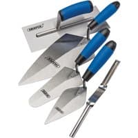 Draper Soft Grip Trowel Set, 5 pieces with blue handles, includes various sizes of stainless steel trowels and a pointing tool.