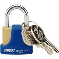 Solid brass padlock with blue bumper, hardened steel shackle, and two silver keys, 32mm by Draper.