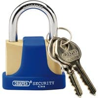 Solid brass Draper padlock with blue bumper, hardened steel shackle, and two engraved keys, 42mm.
