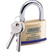 Draper solid brass padlock with two keys, mushroom pin tumblers, hardened steel shackle, and blue bumper, 50mm.