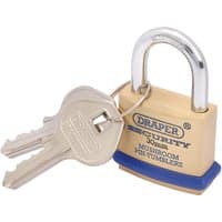 Draper solid brass padlock with two keys, mushroom pin tumblers, hardened steel shackle, and blue bumper, 30mm.