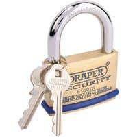 Solid brass padlock with two keys, mushroom pin tumblers, hardened steel shackle, and blue bumper, 60mm by Draper.