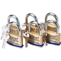 Set of six solid brass padlocks with hardened steel shackles, each with two keys, featuring Draper branding.
