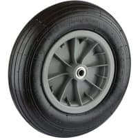 Black rubber wheel with gray plastic hub and central metal bearing for Draper 17993 wheelbarrow.