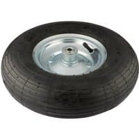 Black rubber wheelbarrow spare wheel with silver metal hub and valve stem by Draper.