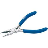 Draper 115mm spring-loaded long nose pliers with silver metal jaws and blue rubber grips.