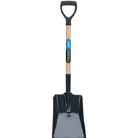 Square mouth builders shovel with black blade, hardwood shaft, and D-grip handle by Draper.